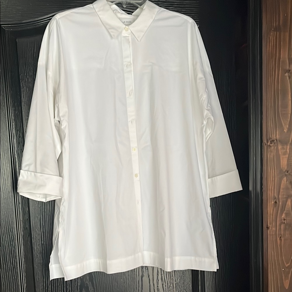 J. Jill White Oversized Dress Shirt with 3/4 Cuffed Sleeves and Side Slits